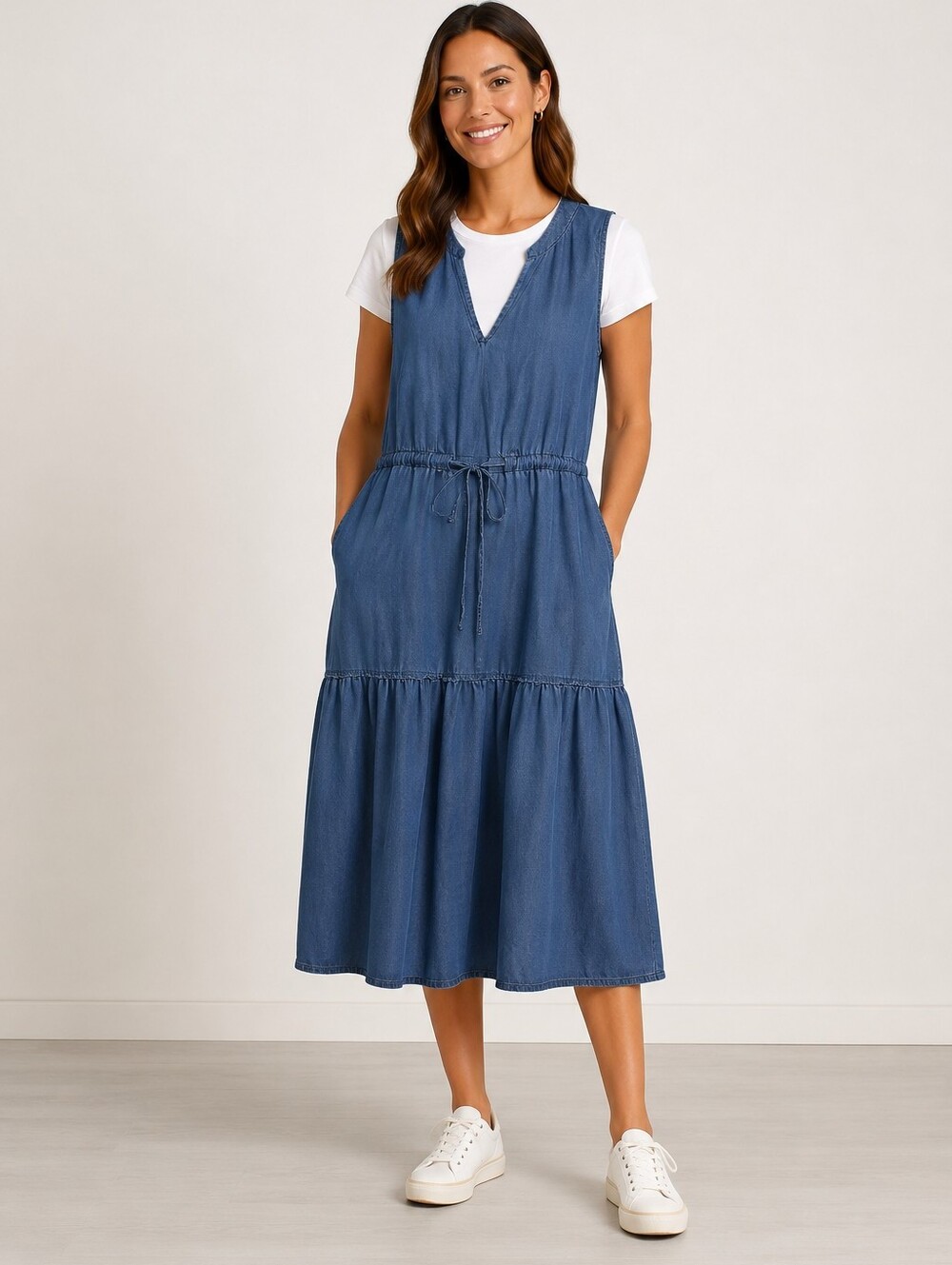 Chambray Lyocell Tiered Drawstring Sleeveless Dress XL Boho Cottage Core Flowy